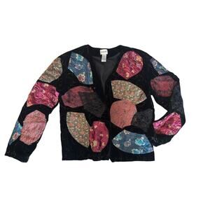 Chico's Black Velvet Jacket Patchwork Lace Floral Silk Orient Blazer - Size 0